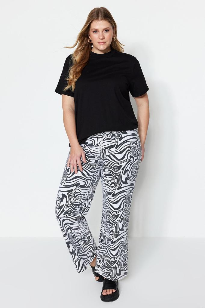 Women's Style Plus Size White Navy Blue Ribbed Collar Boyfriend Knitted T-shirt