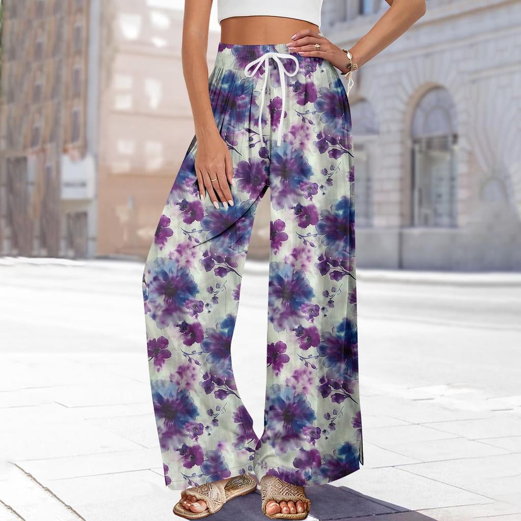 Женские летние брюки-палаццо в стиле бохо с высокой талией, широкие повседневные брюки с принтом и карманами