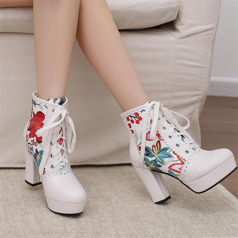 Женские ботильоны с круглым носком на толстом высоком каблуке и платформе с вышивкой на шнуровке разных цветов, женская модная зимняя обувь