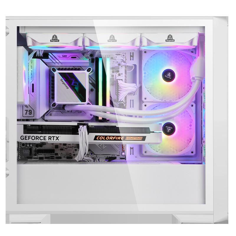 Xingu Fang 300 White MATX/ITX Desktop Case with 360 Water Cooling, Full-Side Transparency, and Dust Filter.
