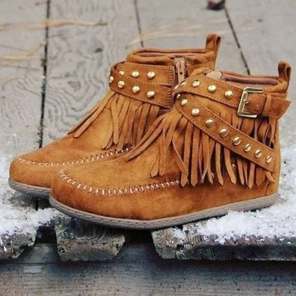 Autumn/winter Ankle Boots Tassel Boots Women's Flat Buckle Vintage Knight Boots
