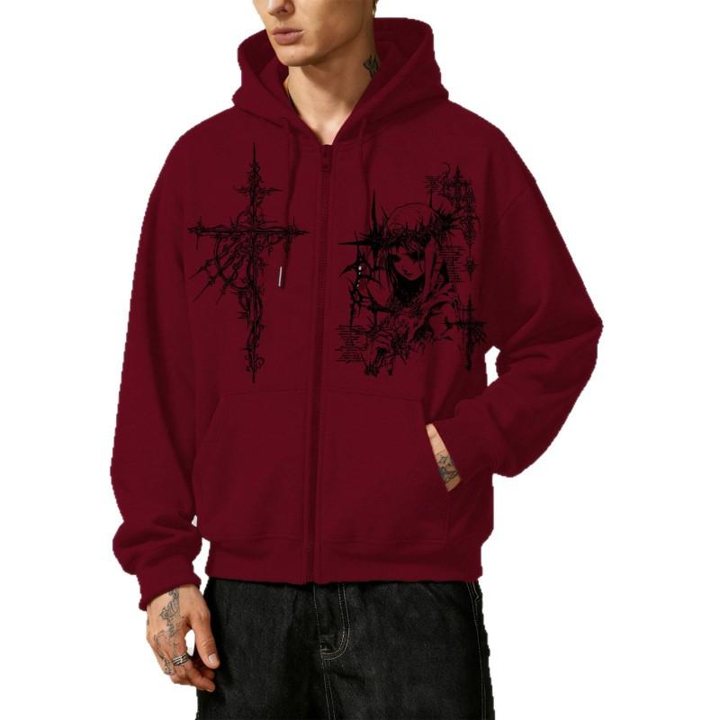 Womens Gothic Zip Hoodie Printed Fashion Sweatshirt Loose Fit Casual Sportswear