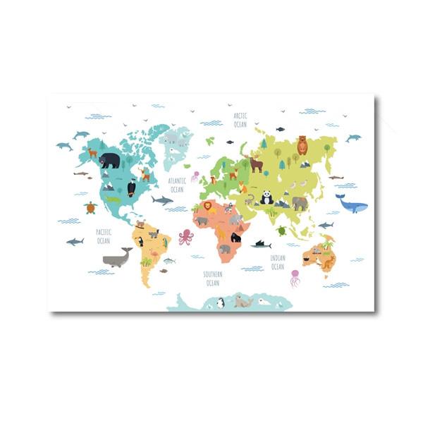 Скандинавские детские постеры и принты, карта мира с животными, холст, живопись, акварель, мультяшная настенная художественная картина для детской спальни, декор