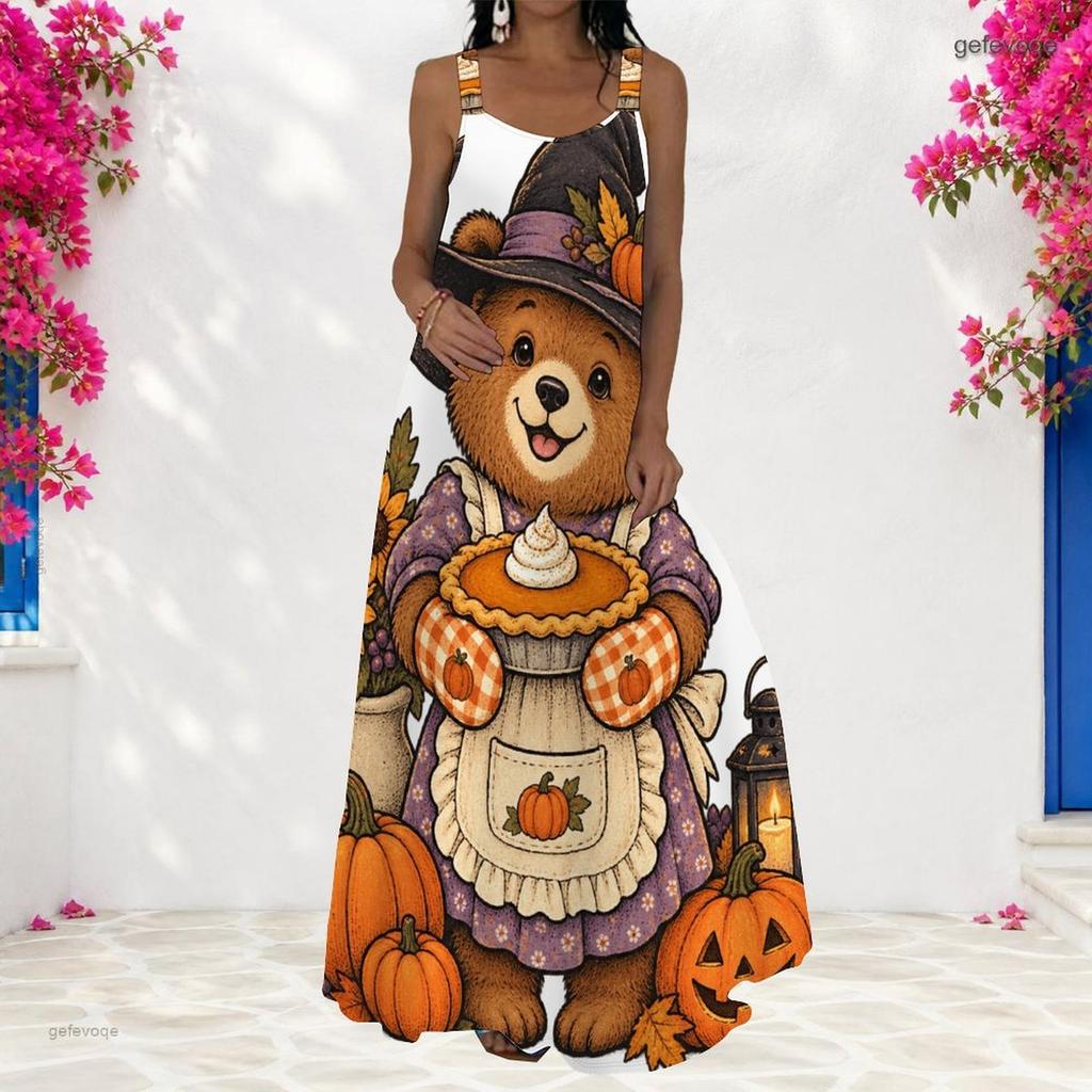 Women Plus Size Scoop Neck Strappy Sleeveless A Line Long Dress Cartoon Bear Pumpkin Printed