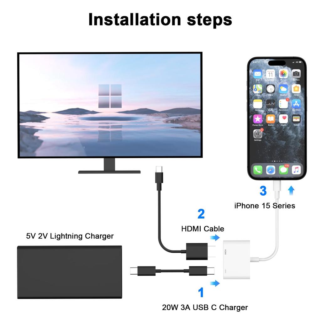 To HDMI Adapter for Connecting iPhone 16 To a To HDMI Adapter with 100W Fast Charging Connecting iPhone Pro Pro Max To an HDTV Projector Monitor USB-C