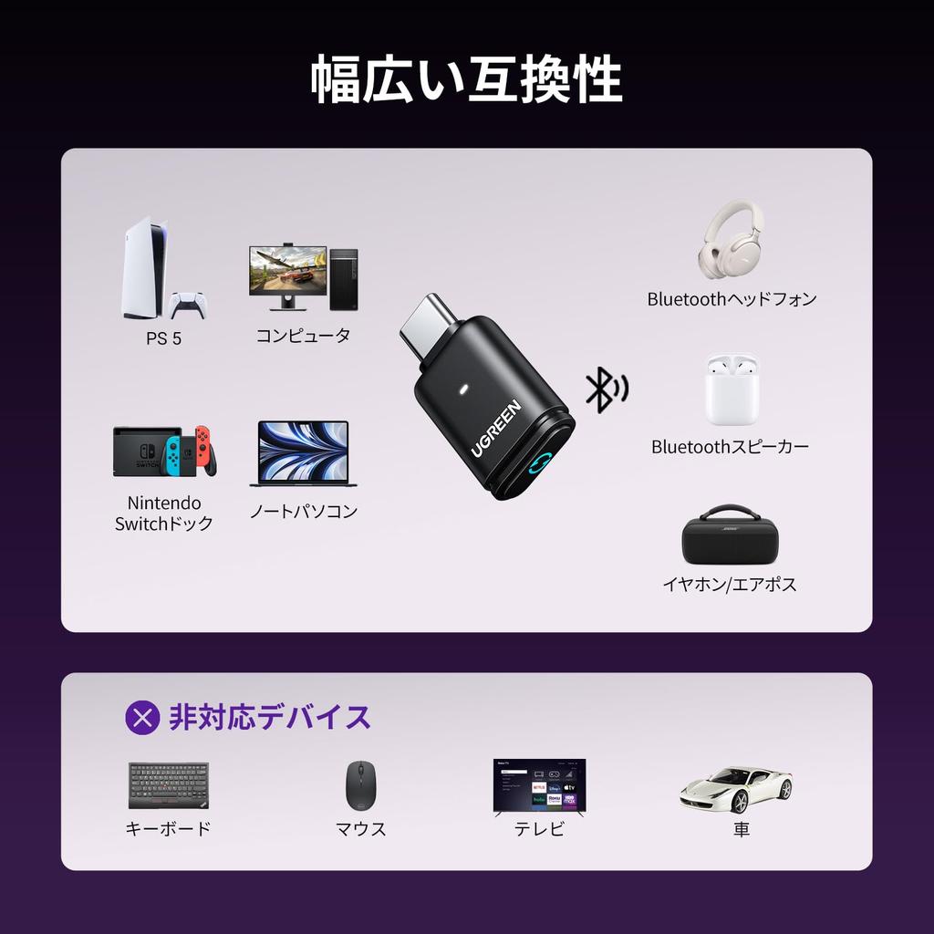 UGREEN Bluetooth Adapter for APTX Low Latency aptX Compatible Bluetooth Audio Connects Wireless Headphones Wireless Audio Transmitter Compatible with