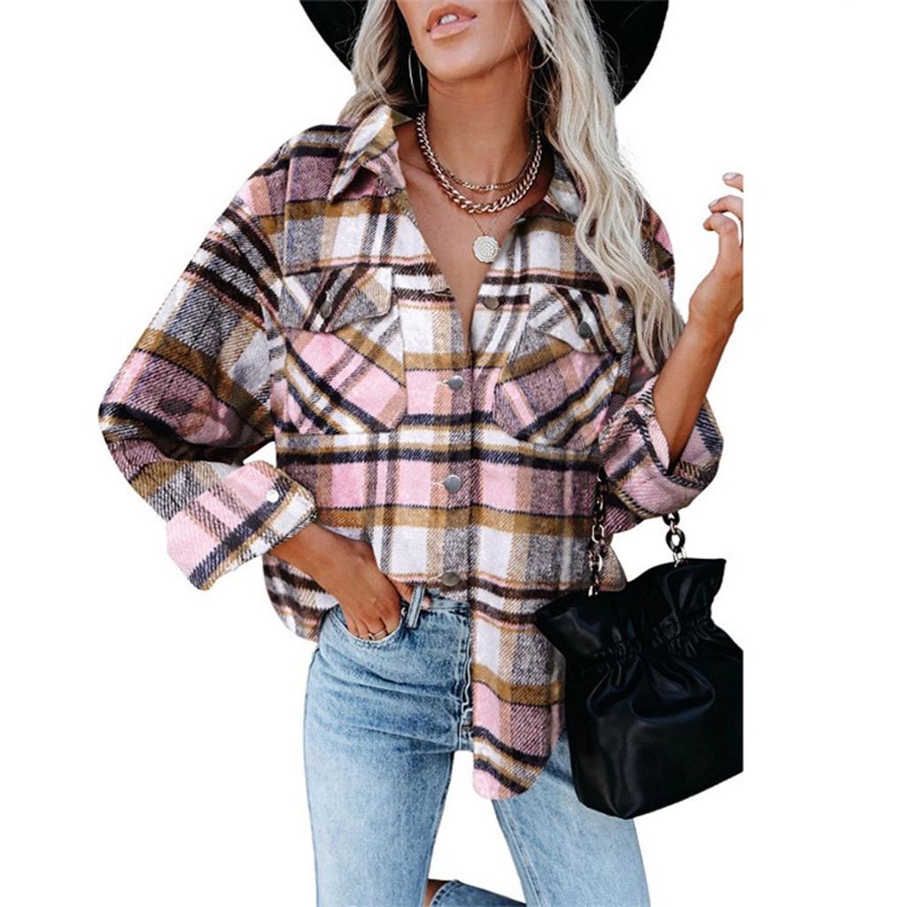 Женские клетчатые рубашки с начесом, фланелевая куртка с длинными рукавами и лацканами на пуговицах и карманами, фланелевая куртка, пальто