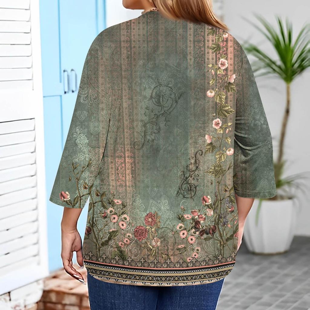 Plus Size Women's Fashion Casual Vintage Print V-Neck 3/4 Sleeve Button T-Shirt Top