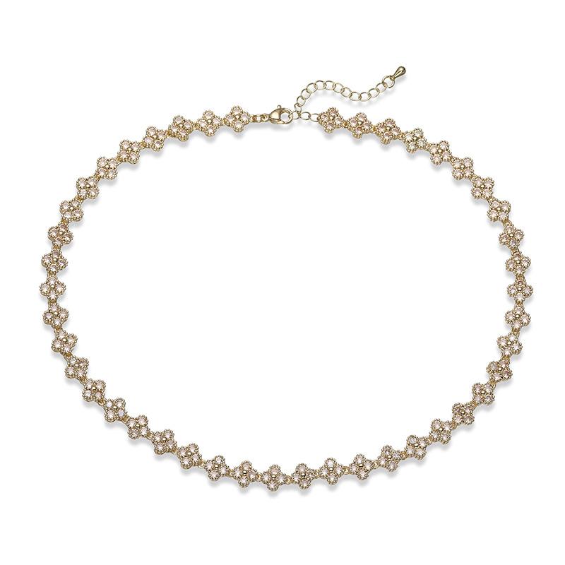 Elegant Light Luxury Women's Gold Plated Copper Bracelet Zircon Four-leaf Clover Necklace Flower Jewelry Set