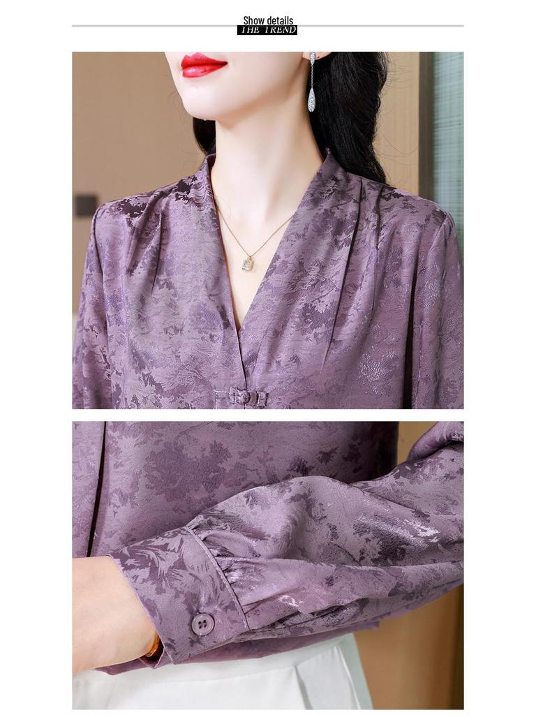 Женская зеленая рубашка из искусственного шелка Ханчжоу: Китайский стиль, длинный рукав, свободный крой, удобный и дышащий атласный топ.