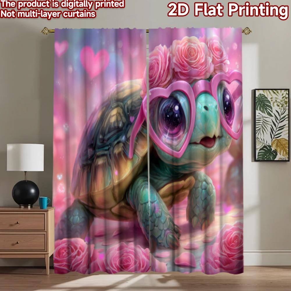 2D плоская печать 2 шт. Оконные занавески Милая Черепаха Сердце Очки Розовые Розы Цифровая печать Полиэстер Шторы Праздничные