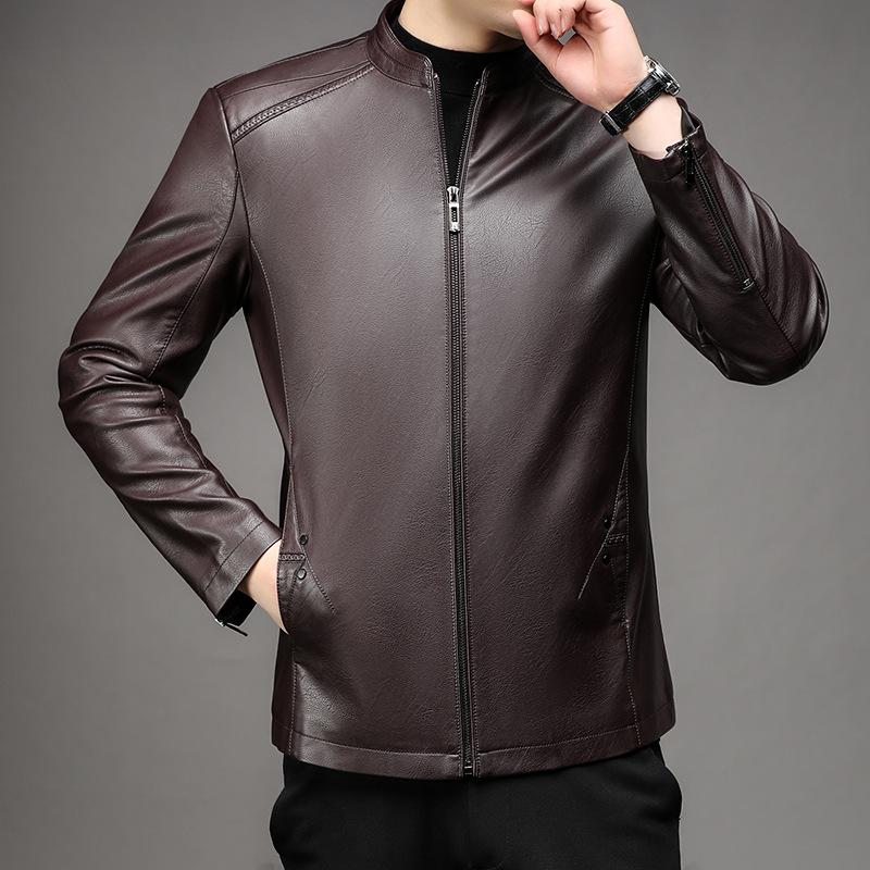Бархатная кожаная куртка с воротником-стойкой, мужская простая деловая повседневная кожаная куртка, мужская осенне-зимняя новая кожаная куртка