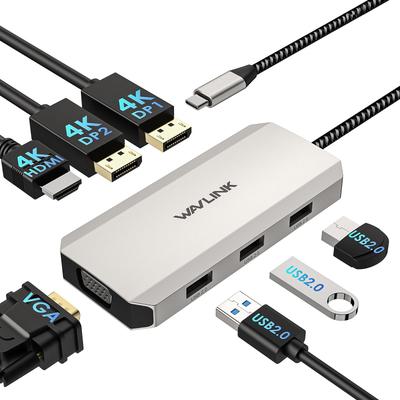 WAVLINK USB-C Док-станция для четырех мониторов, 7-в-1, Двойной 4K DP, 4K HDMI, 1080P VGA, 480 Мбит/с USB 2.0-A, Многопортовый адаптер для MacBook, Dell