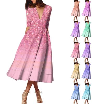 Женское модное платье средней длины со средним рукавом и градиентным принтом, сексуальное платье с V-образным вырезом