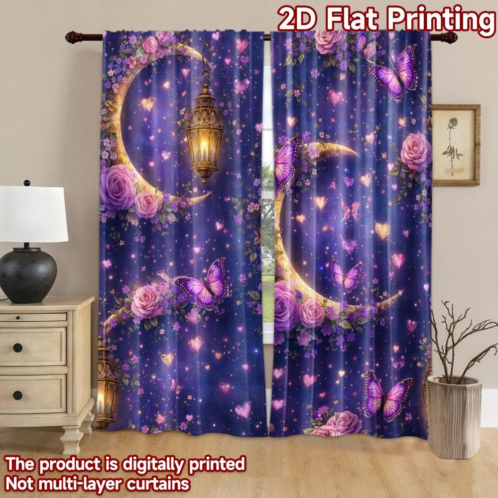2D flat printing 2pcs Curtain Curtains Romantic Moon and Butterflies Digital Printed Polyester Drapes Holiday Decorations
