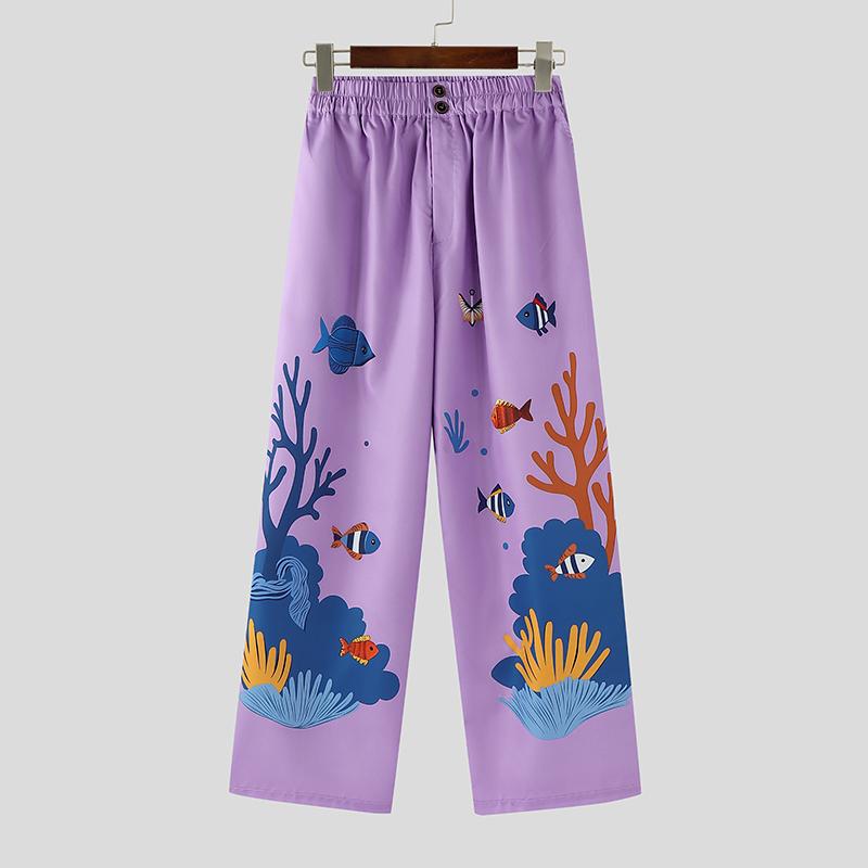 INCERUN Мужские повседневные свободные длинные брюки с принтом и эластичной талией, с карманами