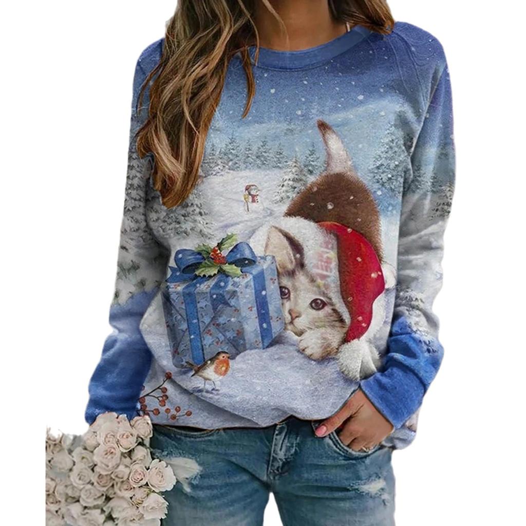 Европейская и американская осенняя женская толстовка с капюшоном с рождественской тематикой, 3D-принт, длинный рукав, круглый вырез, женская футболка с длинными рукавами