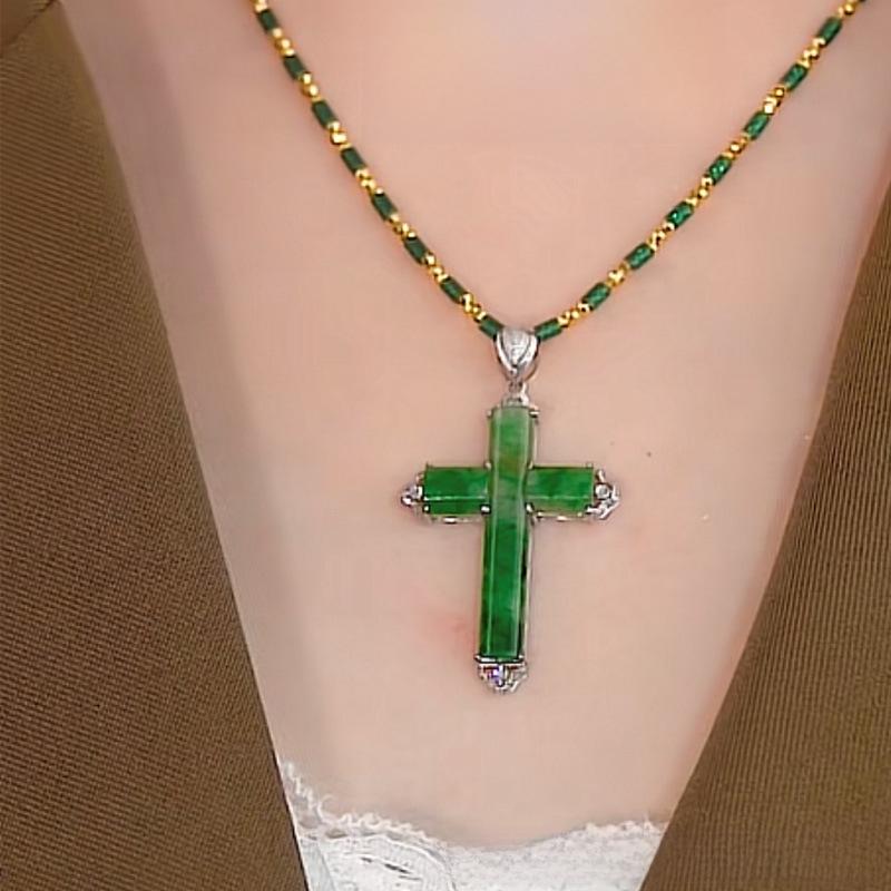 2023 Imitation Jade & Diamond Cross Pendant Necklace, Green Gold-Plated