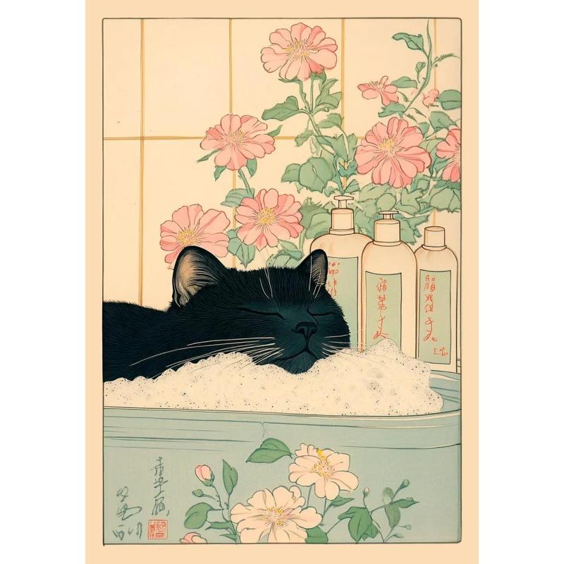 Japanese Tabby Cat in Bathtub Poster Prints Minimalist Wall Art Print Canvas Painting for Living Room Modern Home Decor