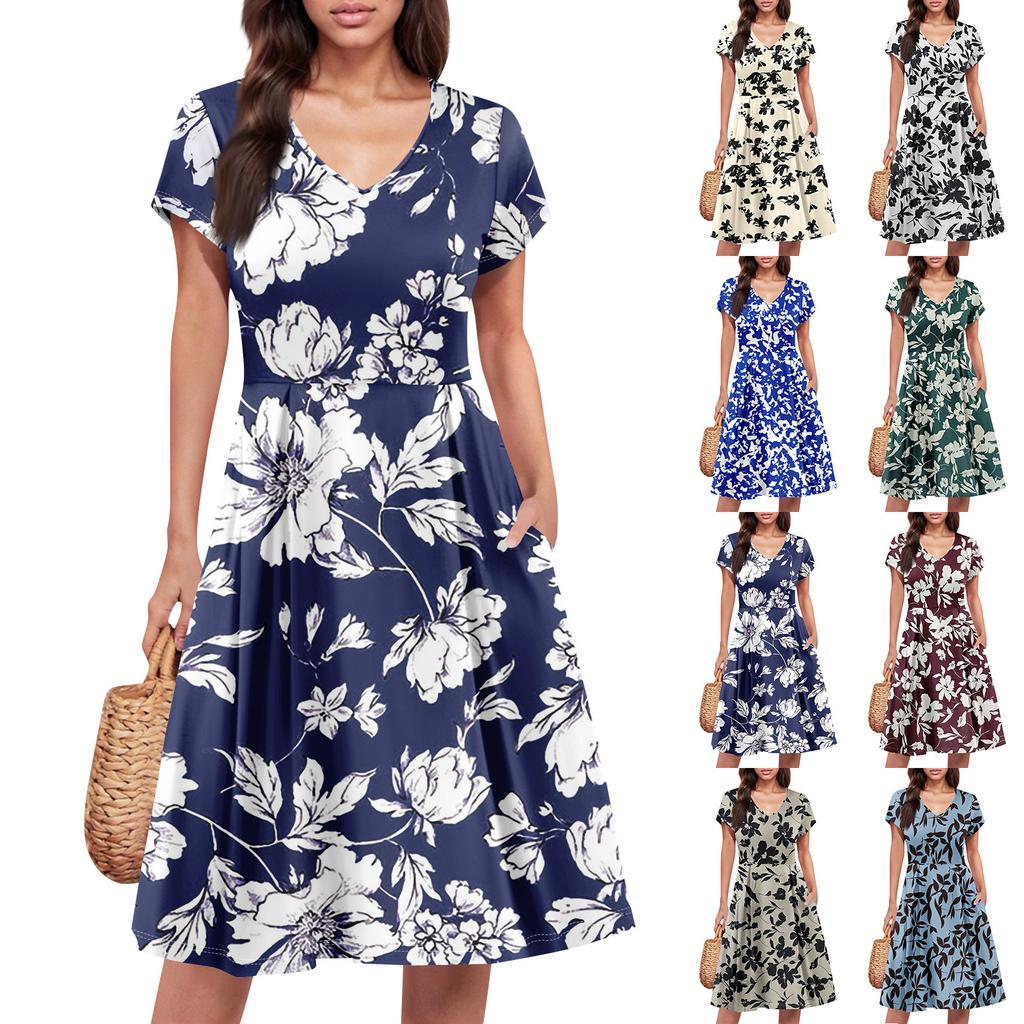 Womens Summer Dress Short Sleeve V Neck Short Dresses Fashion Casual Flowy A Line Swing Sundress With Pocket