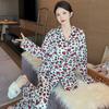 Весна и осень Ледяной Шелк Женская Пижама Домашний Комплект Девочек Свободная Мода Леопард Любовь Длинные Рукава Пижама Женский Костюм