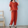 Женский комплект из хлопка и льна, повседневный комплект из 2 предметов: топ с короткими рукавами, круглым вырезом и длинными брюками с карманами, летний свободный домашний костюм