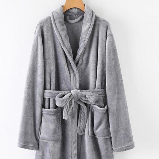 Men Women Plush Fleece Bath Robe Knee-Length Lapel Tie Design Water Absorbent Winter Loungewear Daily Wear Sleepwear
