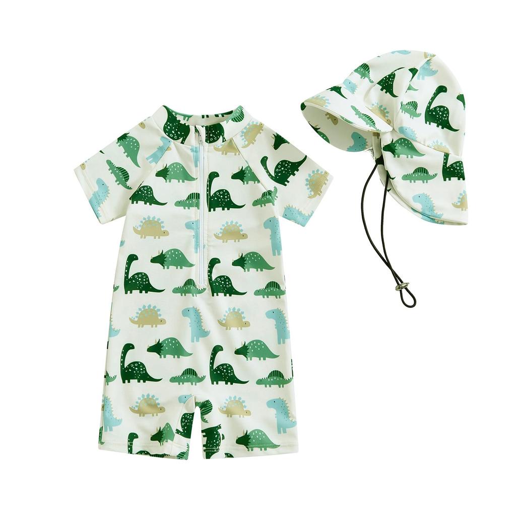 Купальник для маленьких мальчиков 3, 6, 12 месяцев, 2, 3 лет, солнцезащитный купальник с короткими рукавами и круглым вырезом, на молнии с животным принтом и шляпой