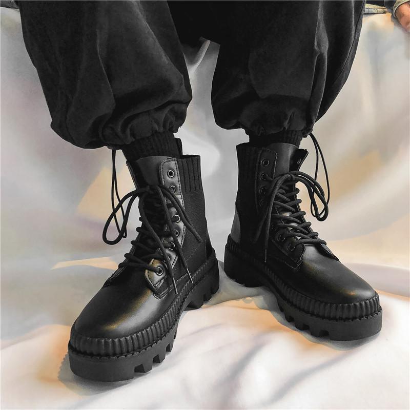 Осенне-зимние кожаные мужские ботинки на платформе, модные ботильоны с носками, мужские черные повседневные высокие берцы, уличная спортивная обувь, новинка