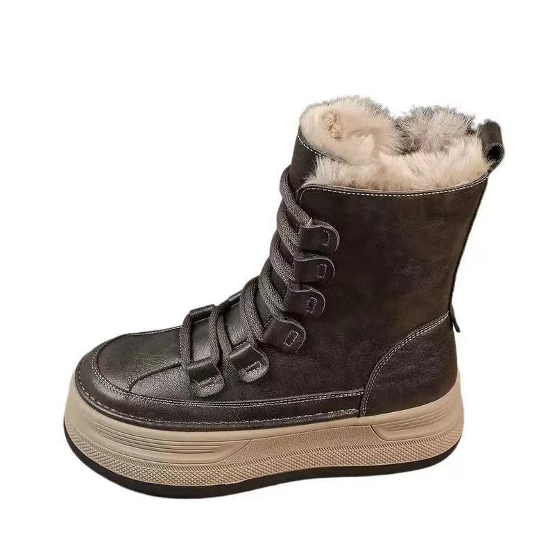 2024 Женская обувь зимние женские сапоги на платформе до середины икры женские сшитые круглые носки на шнуровке плоские с теплой боковой молнией женские