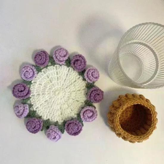 Набор для вязания крючком подставки под стакан с дизайном букета роз, материал из пряжи, устойчивой к усадке, трансформируемая подставка под стакан в виде цветка, подарок ручной работы на день рождения