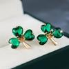 Retro Green Glitter Three Leaf Clover Stud Earrings Cute Gold Color Fashion Vacation Travel Party Earrings