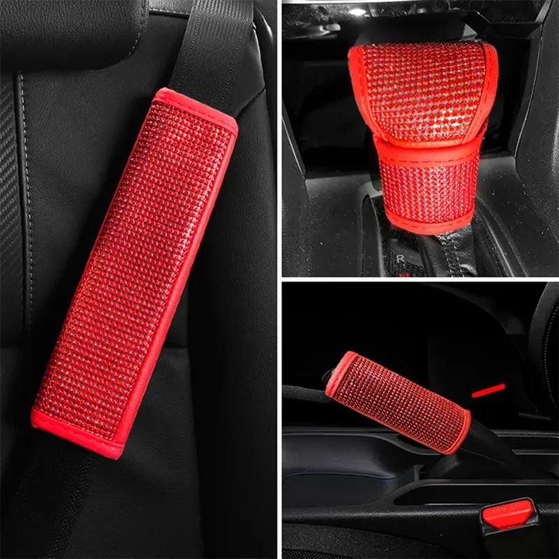 Bling Car Accessories Women Handbrake Gear Shift Rearview Mirror Armrest Cover Shoulder Pad Red Rhinestone Decoration Styling