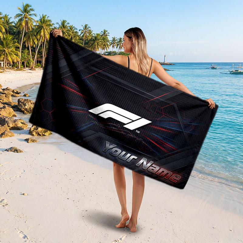 F1 Customized Name Text Beach Towel, Soft Absorbent Towel Beach Pool Travel Personal Gift
