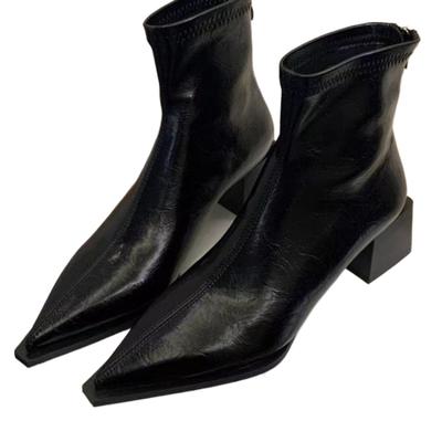 Модные женские короткие ботинки с острым носком, современная женская обувь на квадратном каблуке, женские эластичные ботильоны, обувь на молнии, туфли-лодочки 35-42