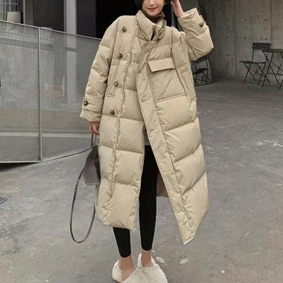 Ветрозащитное пальто с воротником-стойкой, зимние женские пуговицы, большие карманы, длинная парка, утепленная теплая хлопковая куртка, корейская куртка-пуховик