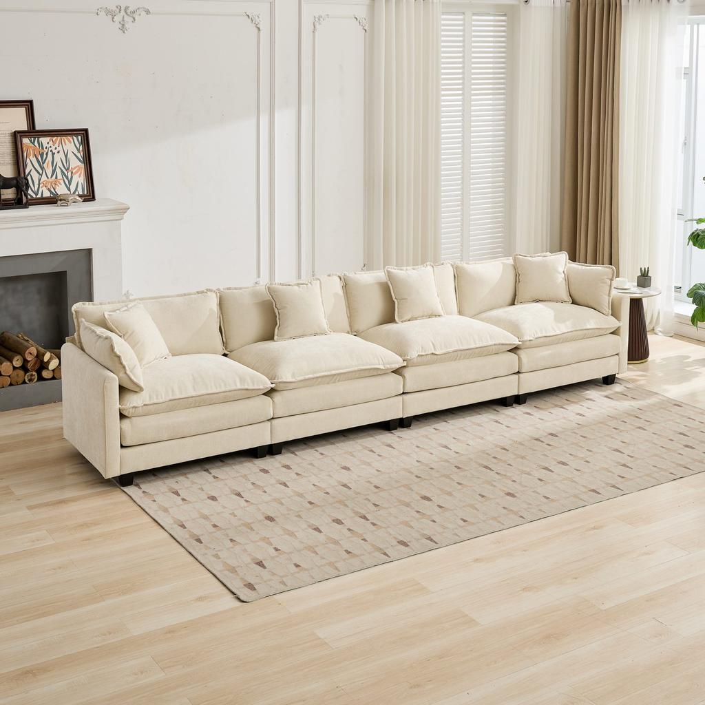 Cloud Sofa 4 Seats (Ottoman is not included), for Living Room and Apartment, Double Layer Seat Cushion, Breathable Chenille Fabric,Beige,DE5014BG