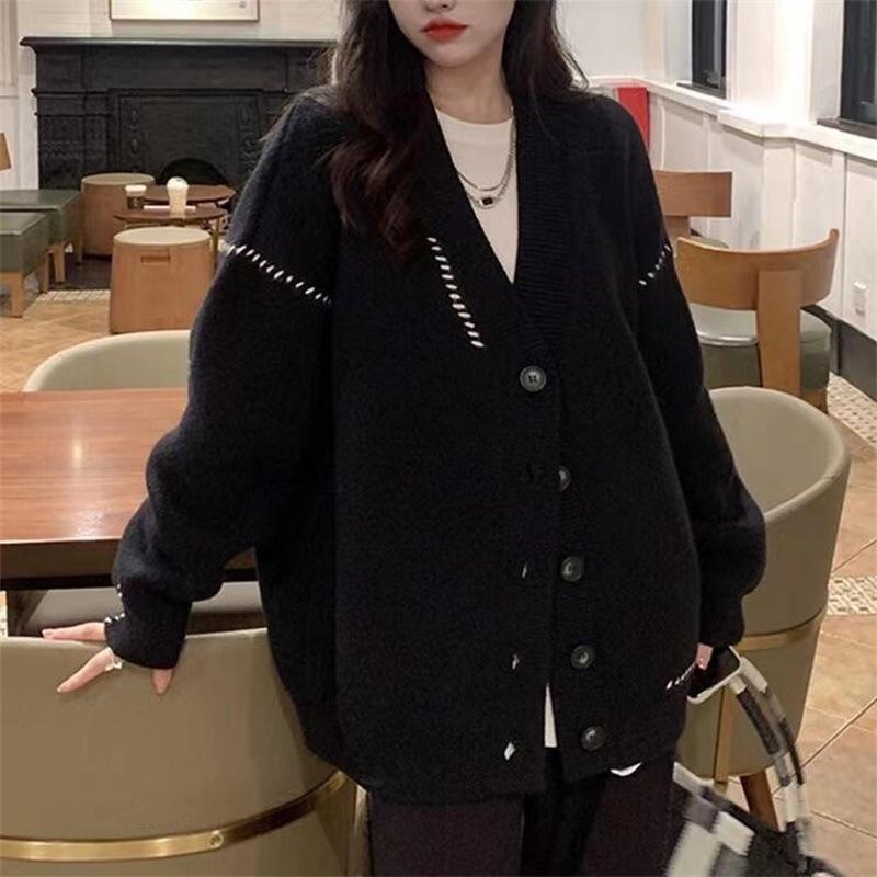 DAFIFY Women's Fashion Casual Fall Winter Solid Color Print Long Sleeve V-Neck Sweaters