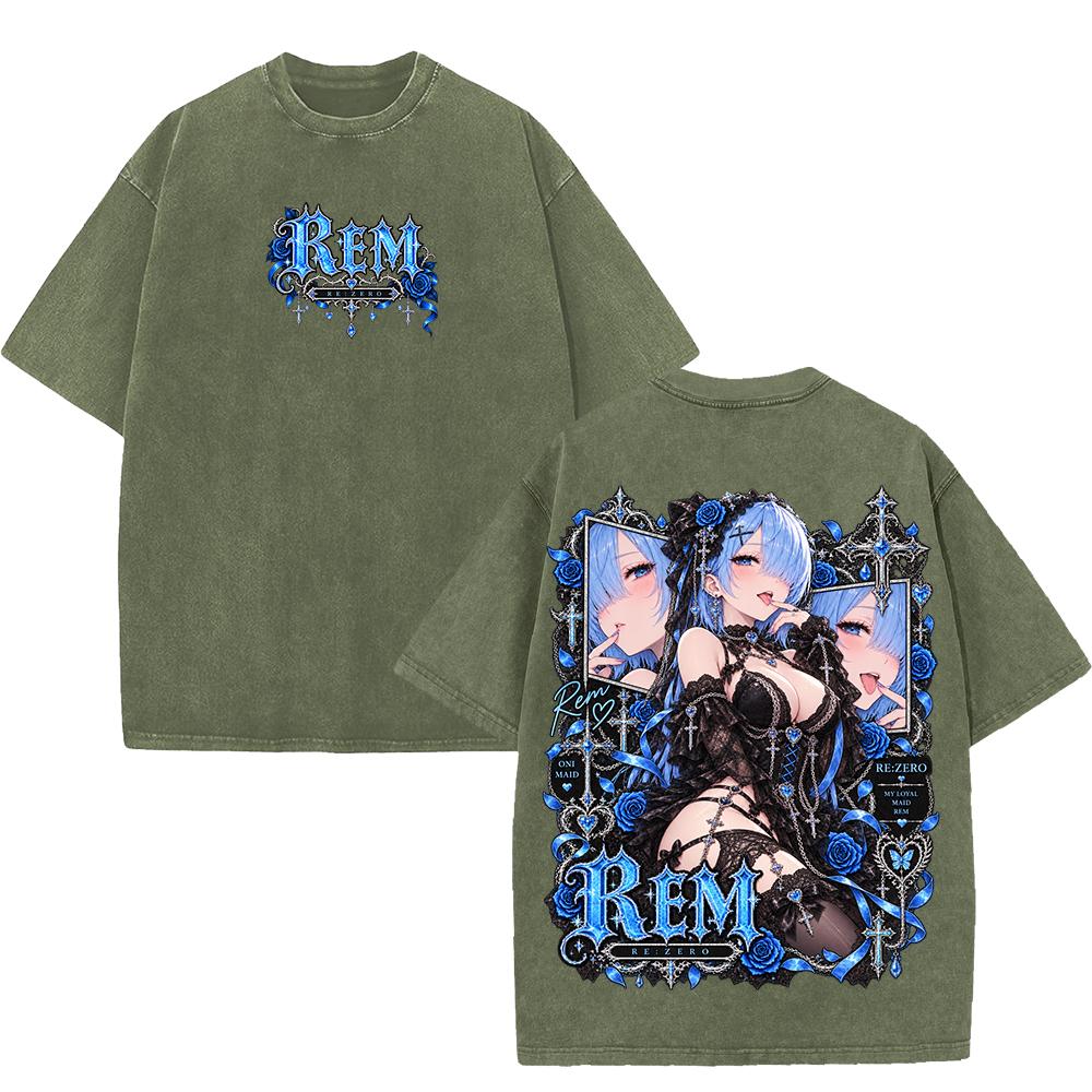 Rem Re:Zero Anime T-shirt Y2k Gothic Vintage Washed T Shirt Harajuku Oversized Short Sleeve Cotton Tees Tops Men Women Clothing