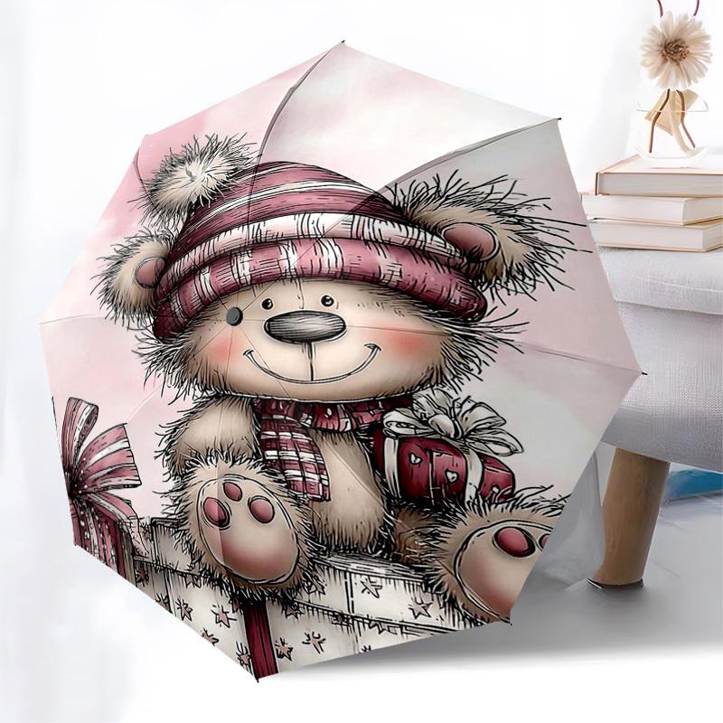 1pc Christmas Gift Winter Teddy Bear with Presents, Festive Decoration for Fans, Travelers, Daily Use, Auto Open Close Umbrella with 3-Fold Design and