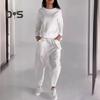 2 Pcs/Set Women Top Pants Set Long Sleeves O Neck T-shirt Elastic Waist Ankle-banded Trousers with Big Pockets OL Commuting Sport Pantsuit Outfit