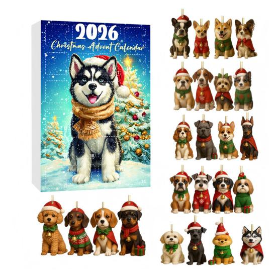 Cute Dog Breed Pendants with Santa Hats Advent Calendar, 2D Acrylic Breeds Ornaments, 24-Days Christmas Unique Collectibles for Fans Countdown