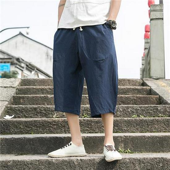Мужские укороченные брюки широкого кроя из серого хлопка и льна в китайском стиле - летние, свободного кроя, большого размера