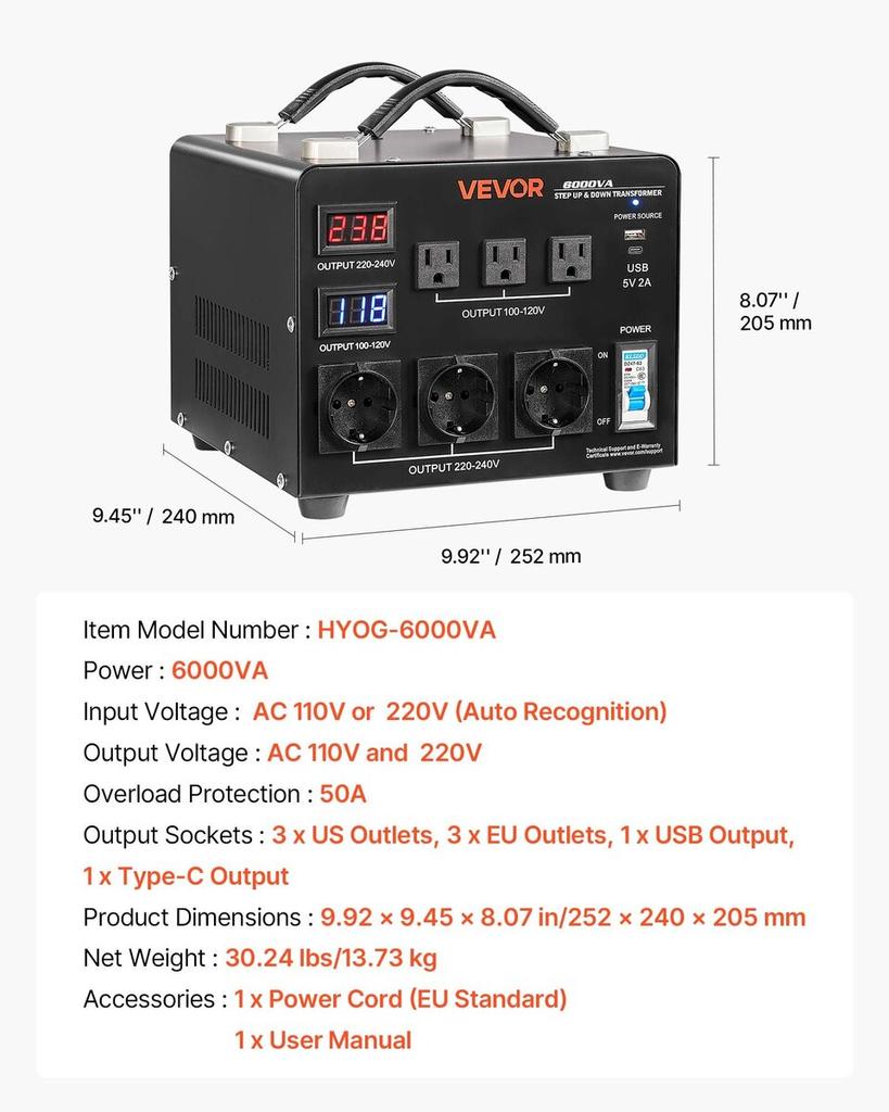 Voltage Auto Converter Transformer, 6000VA, Heavy Duty Step Up/Down Power Transformer, 110V to 220V and 220V to 110V, with 3 US Outlets, 3 EU Outlets,