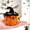 Handmade Woolen Ornament Crochet Positive Pumpkin with Witch Hat, Fall Boo Basket Stuffer, Miniature Plush Toy Mini Knitted Figurine, Tabletop