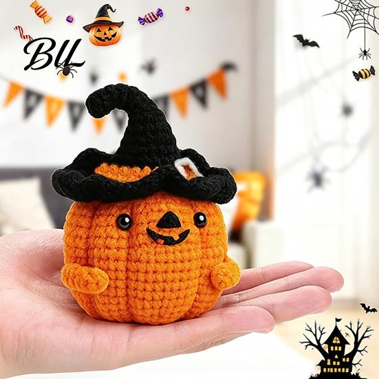 Handmade Woolen Ornament Crochet Positive Pumpkin with Witch Hat, Fall Boo Basket Stuffer, Miniature Plush Toy Mini Knitted Figurine, Tabletop
