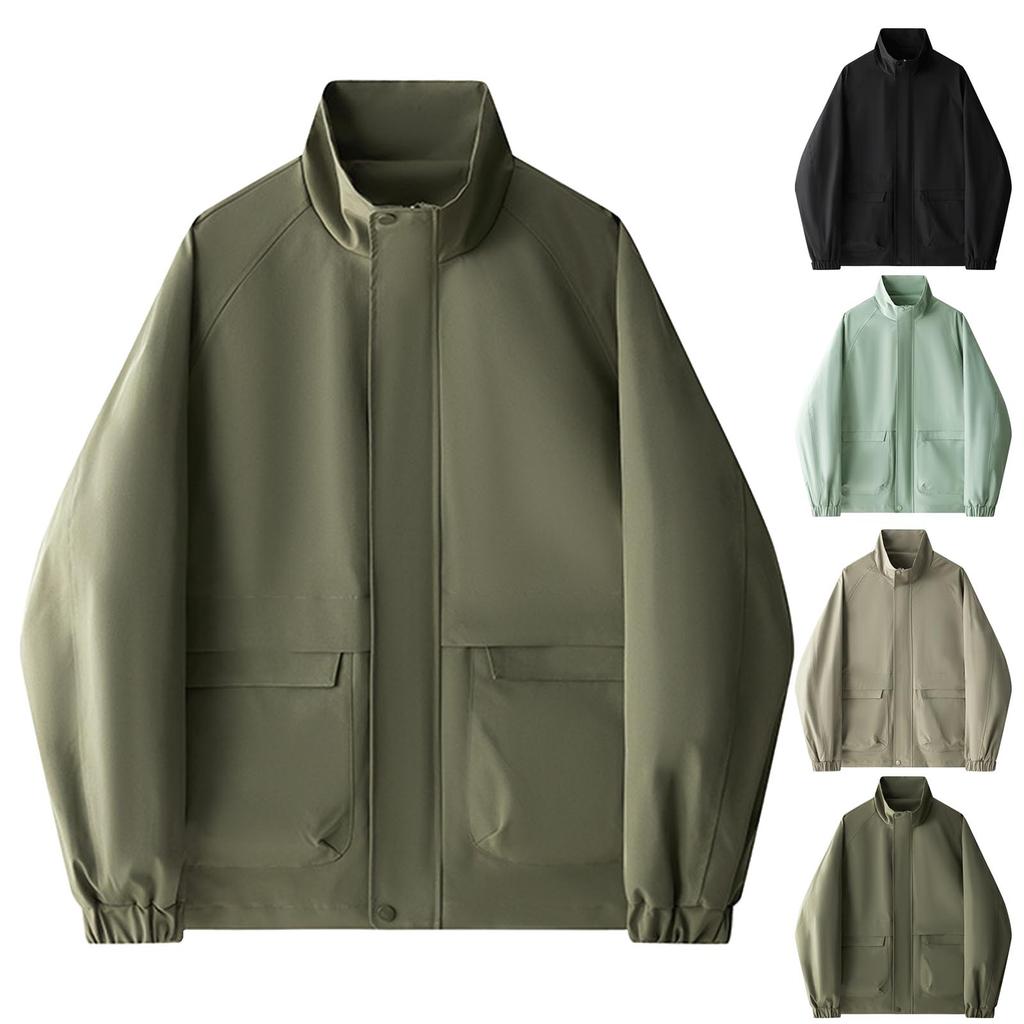 Men's Solid Color Jacket Loose Casual Sports Stand Collar Large Pocket Outdoor Jacket