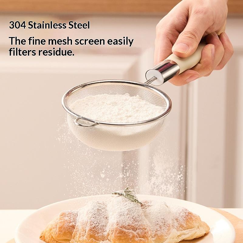 Stainless Steel Mesh Filter Spoon Juice Soybean Milk Strainer Plastic Handle Flour Sieve Colander Kitchen Baking Utensils