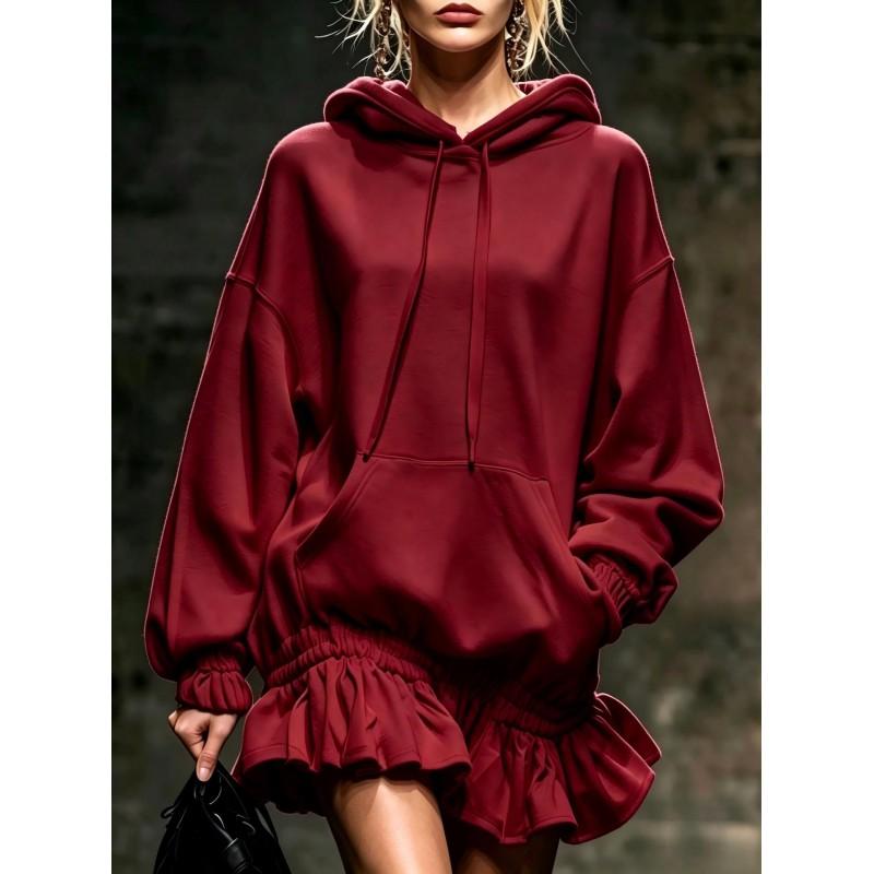 Womens Oversized Hooded Sweatshirt Dress With Ruffle Hem Drawstring Waist Loose Fit Short Skirt