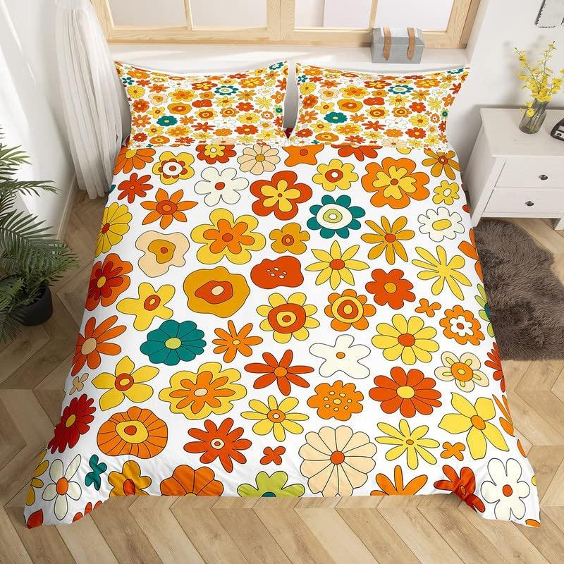 Retro 70s Hippie Style Duvet Cover Queen Microfiber Psychedelic Mushroom Bedding Set Room Decor Gifts Rainbow Floral Quilt Cover